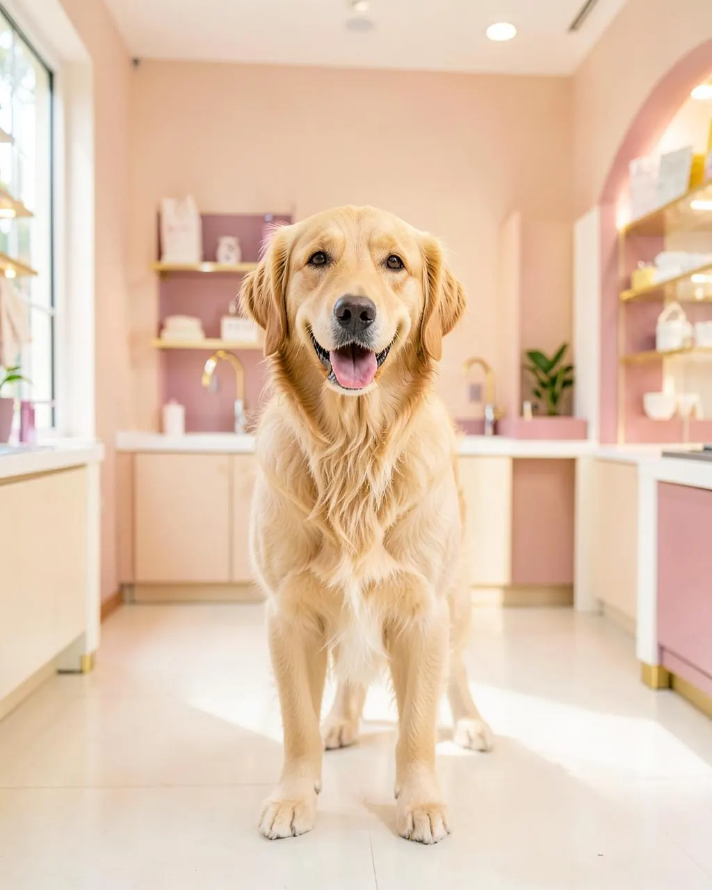 Golden retriever em um espaço acolhedor de estética animal
