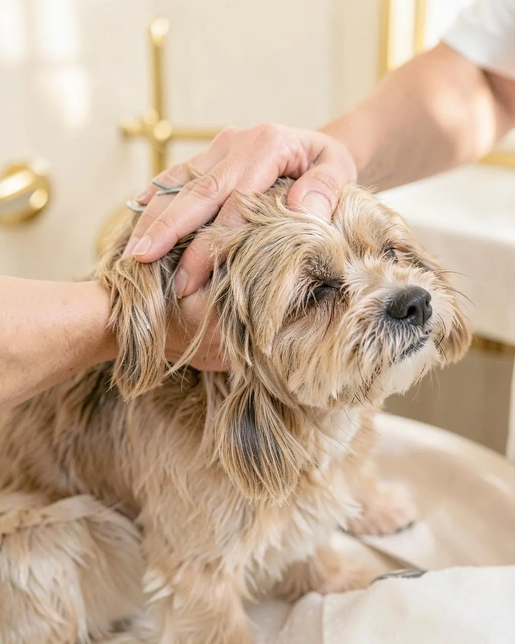 Profissional cuidando delicadamente de um cachorro