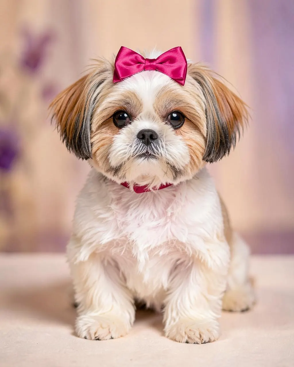 Shih-tzu com tosa e laço rosa